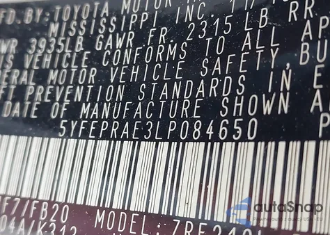 2020 Toyota Corolla Le z USA, uszkodzony, nr VIN 5YFEPRAE3LP084650